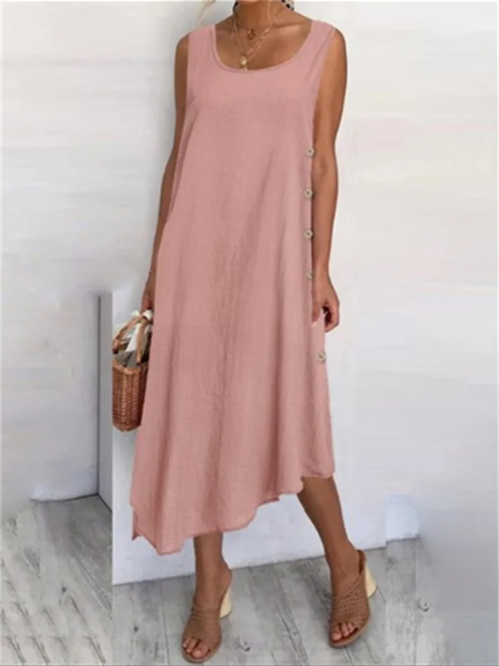 Summer Tank Dress Cotton Linen Solid Color Button Irregular Hem Long Skirt-Cosfine