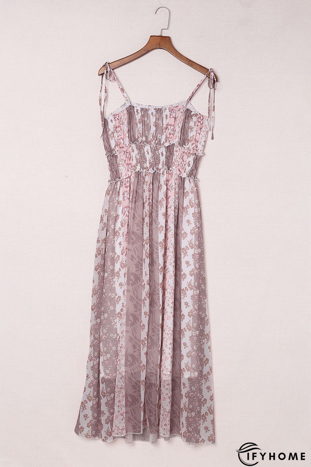 Multicolor Floral Print Frill Trim Smocked Spaghetti Strap Maxi Dress | IFYHOME