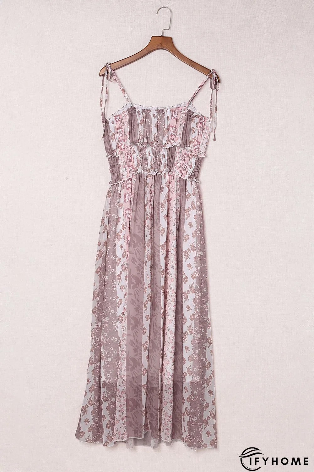 Multicolor Floral Print Frill Trim Smocked Spaghetti Strap Maxi Dress | IFYHOME