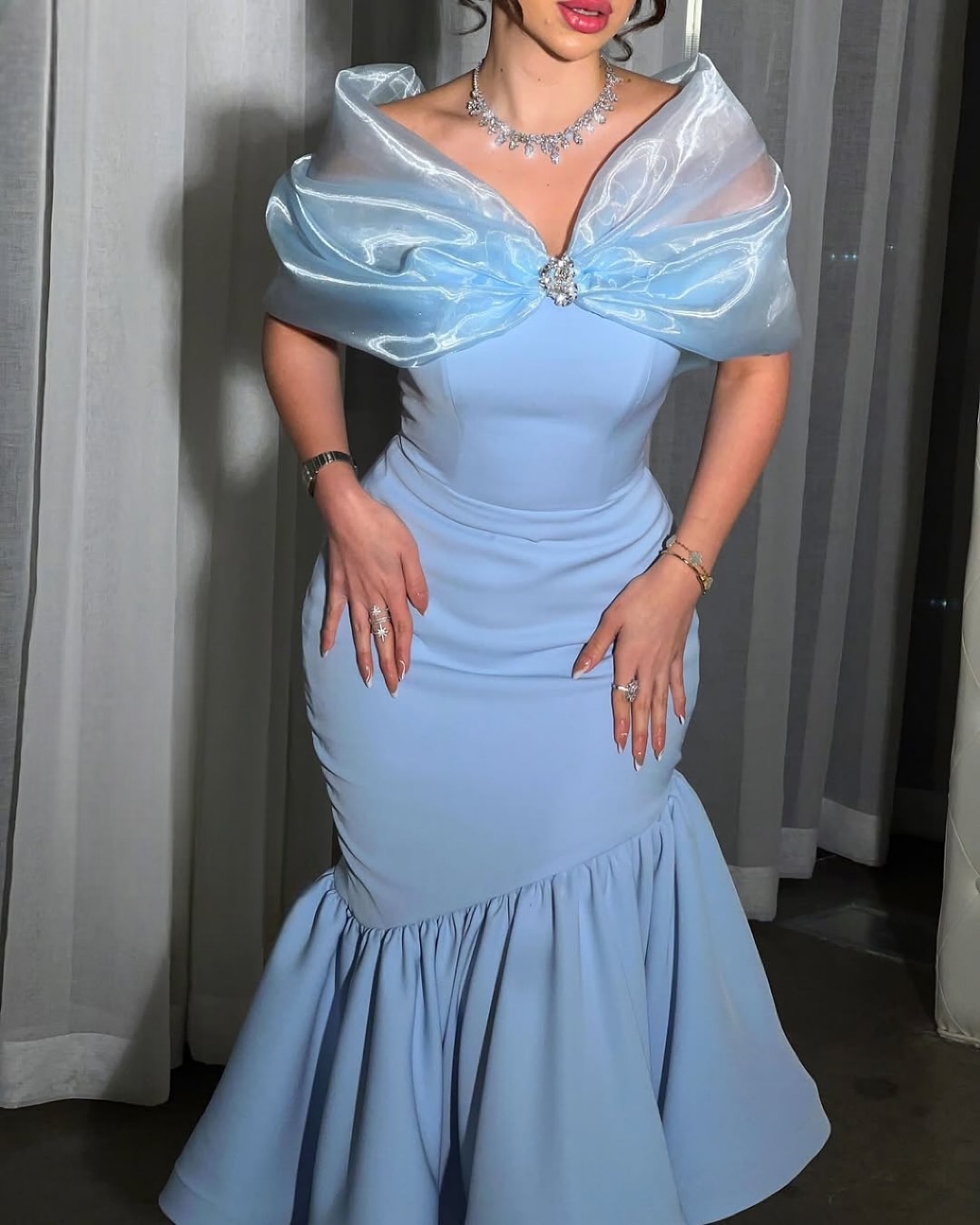 Ovlias Baby Blue Off-Shoulders Mermaid Prom Dress Sheer with Pleated JQ0053
