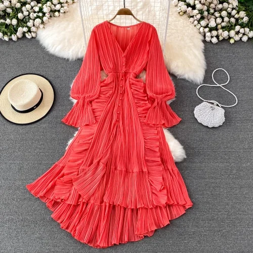 Boutique Red V-neck Bottoned Patchwork Ruffled Wrinkled Long Sleeve Dress