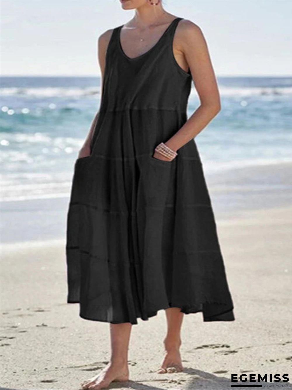 Sleeveless Multi-layer Beach Dress In Cotton And Linen Black Dresses | EGEMISS