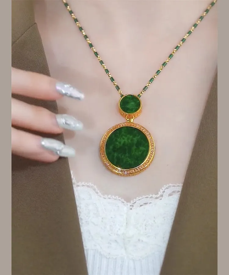 Retro Green Sterling Silver Overgild Inlaid Jade Ping Buckle Pendant Necklace