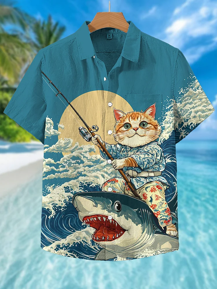 Men's Japanese Sea Waves Cat Shark Art Print Short Sleeve Shirt