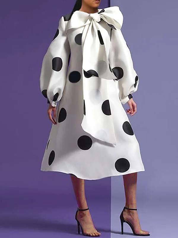 Fashion Polka-Dot Polka-Dot Bowknot Loose A-Line Casual Midi Dress