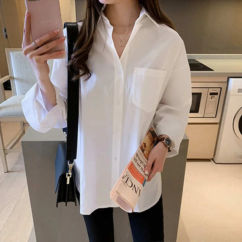 New Oversize Blouse White Long Shirt Women Casual 4XL Loose Temperament Long Sleeve Shirt Cotton Bottoming Casual Tops 13038