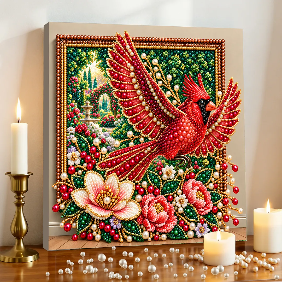 Pearl Painting Kit with Frame Red Cardinal Flower 11.81x11.81in