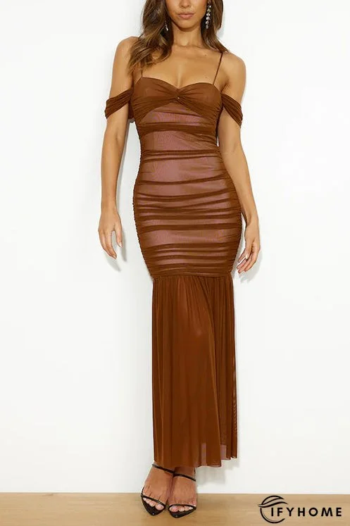 Cold Shoulder Twist Front Mesh Overlay Cami Maxi Party Dress | IFYHOME