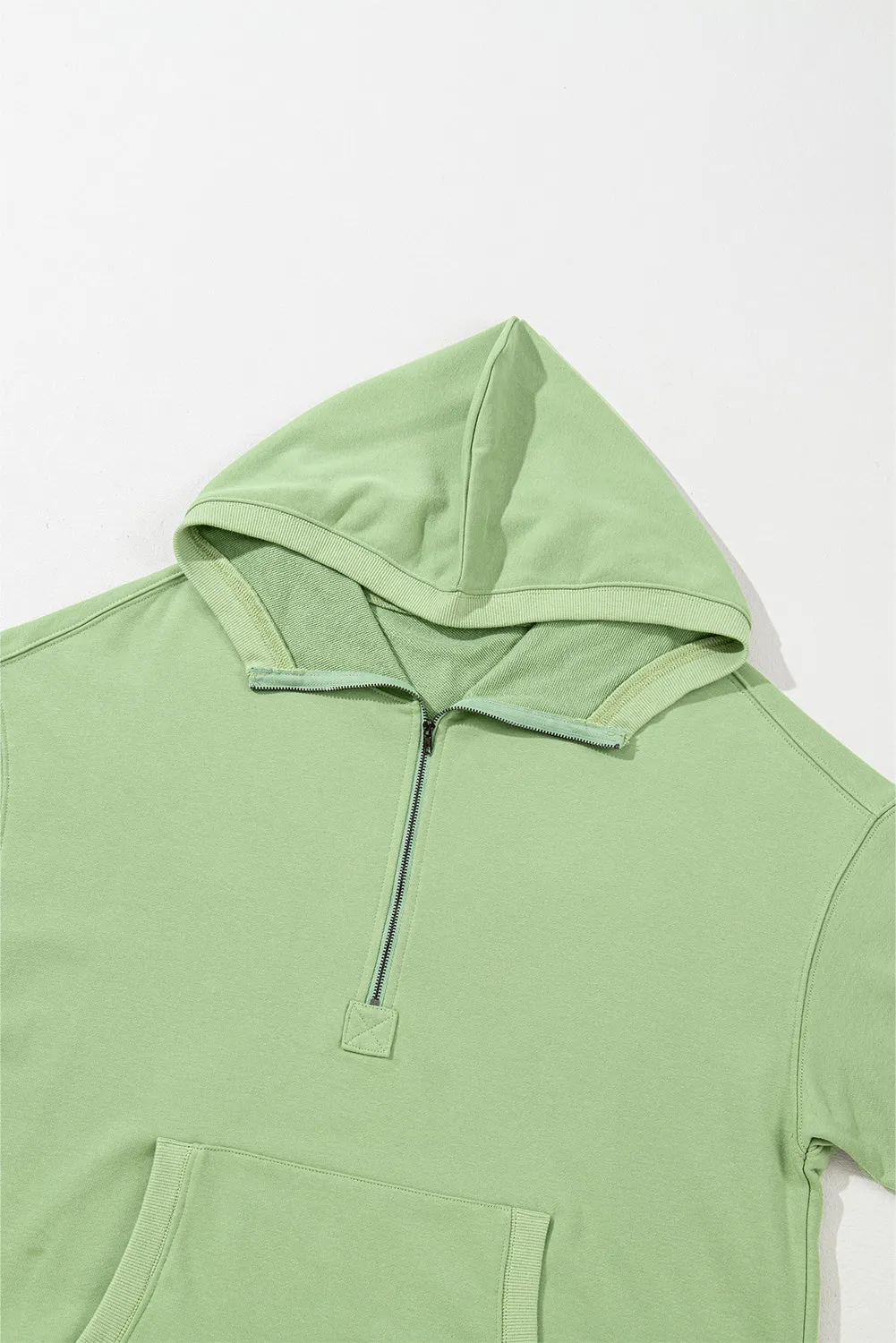 Smoke Green Solid Kangaroo Pocket Half Zipper Oversized Hoodie