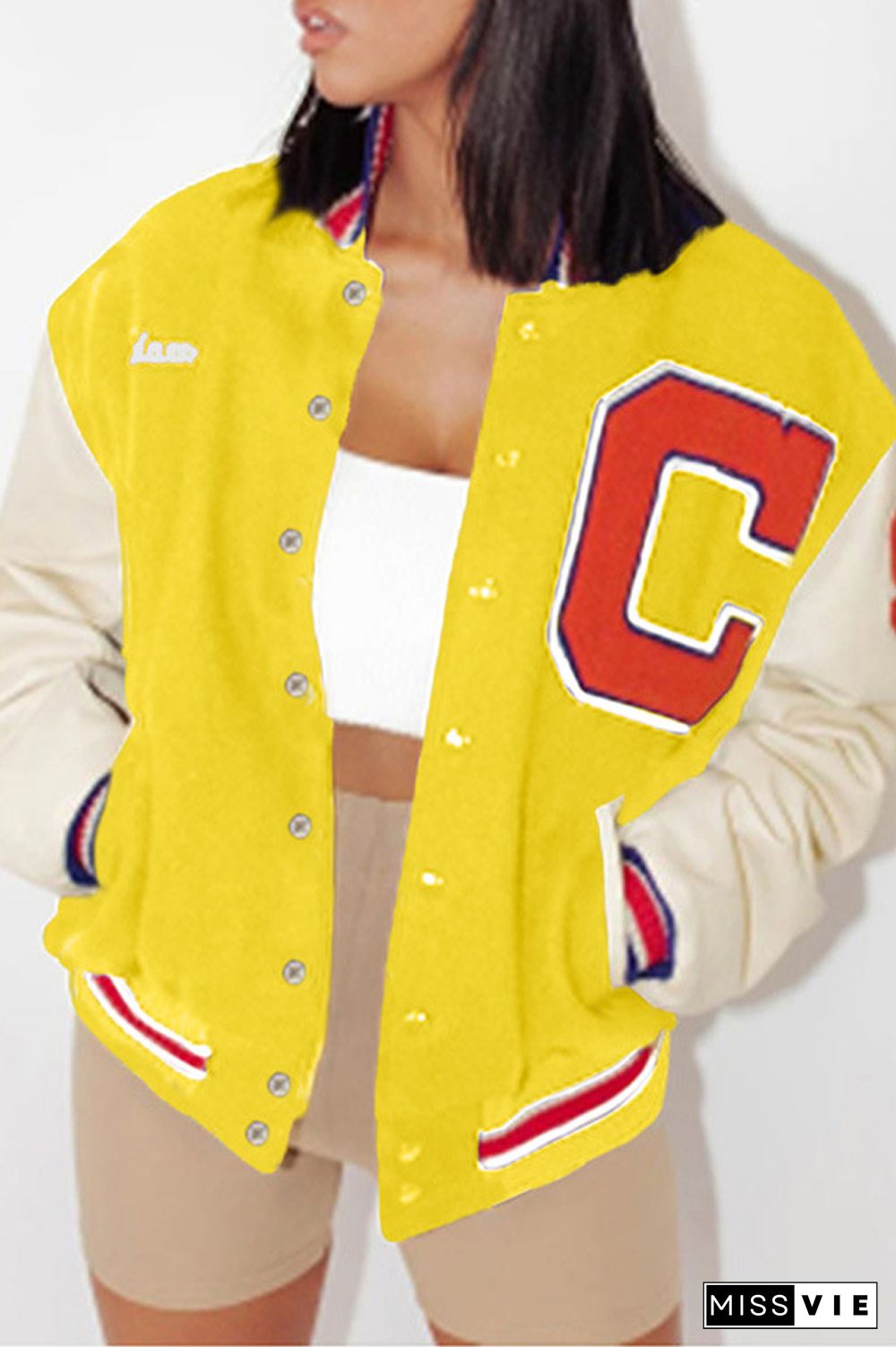 Color Patchwork Letter Print Casual Coat