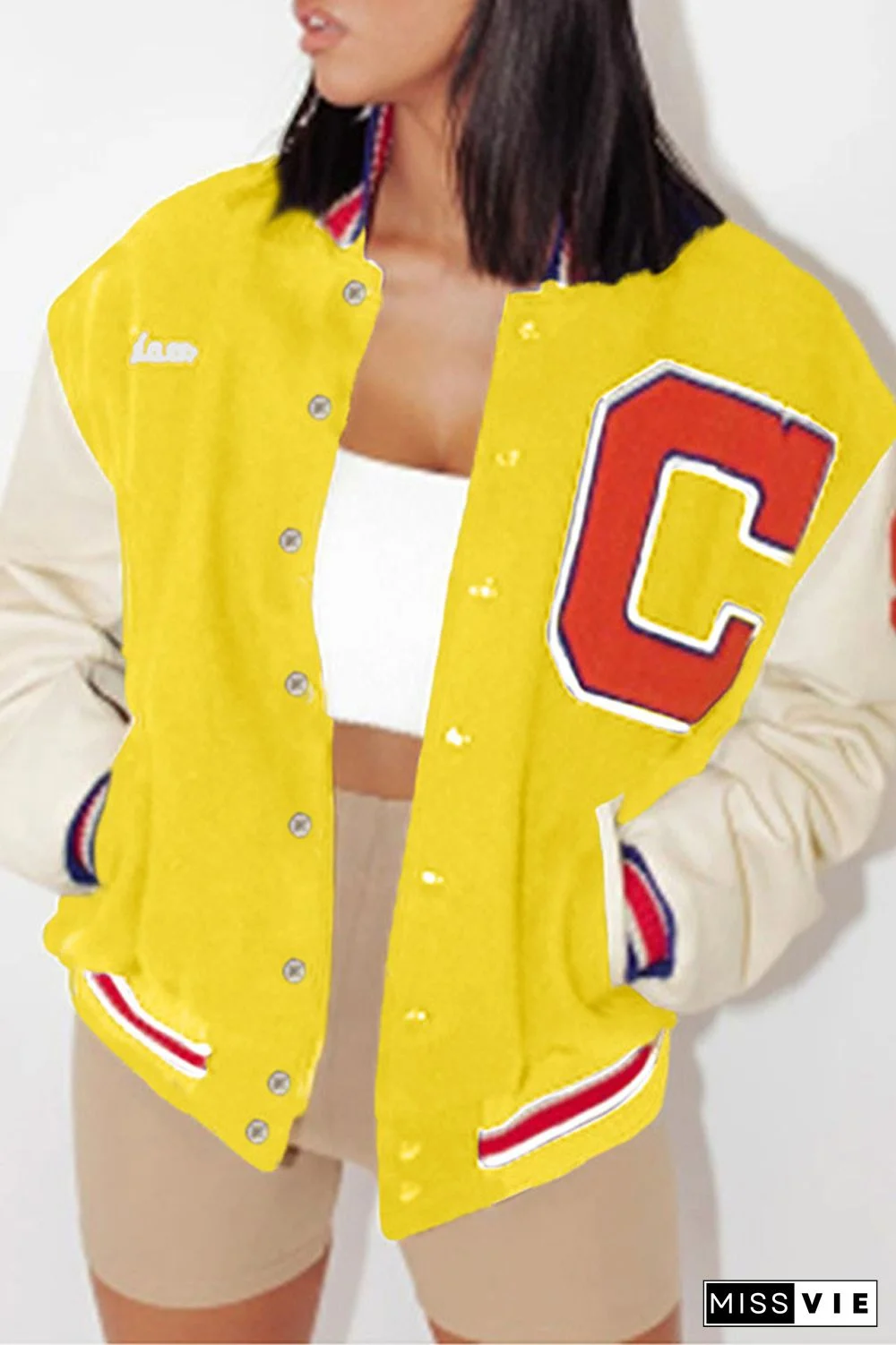 Color Patchwork Letter Print Casual Coat