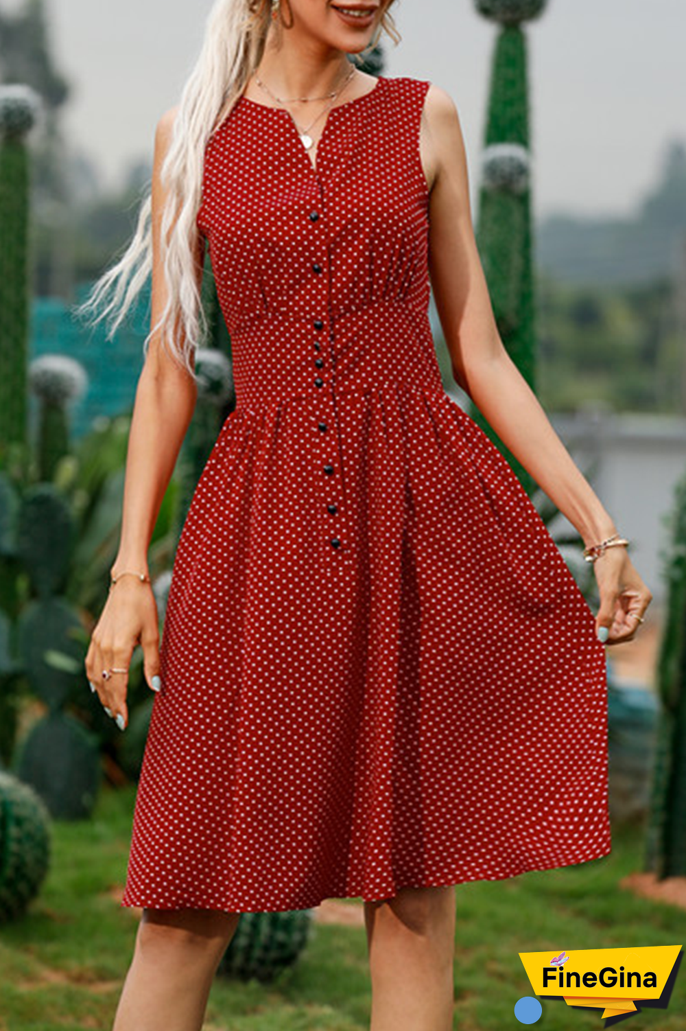 Fashion Elegant Dot Buckle V Neck Waist Skirt Dresses