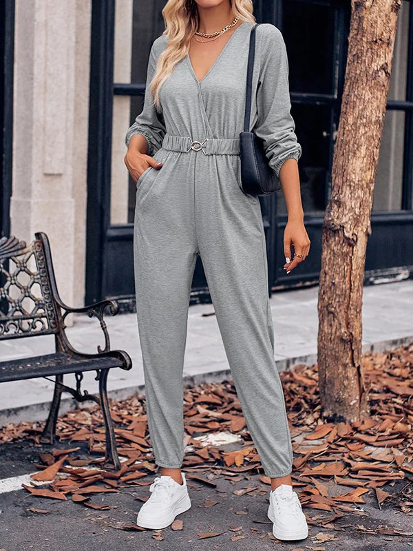 Long Sleeves Belted Elasticity V-Neck Jumpsuits