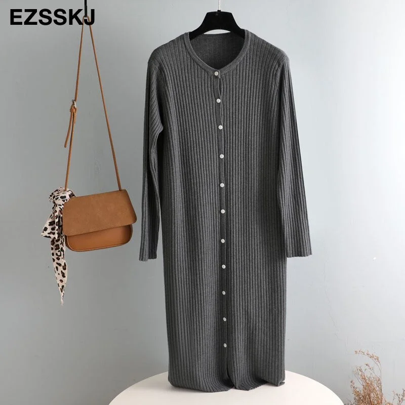 autumn winter o-neck button oversize long sweater dress chic loose knit dress women long dress Female chic sweater maixt dress