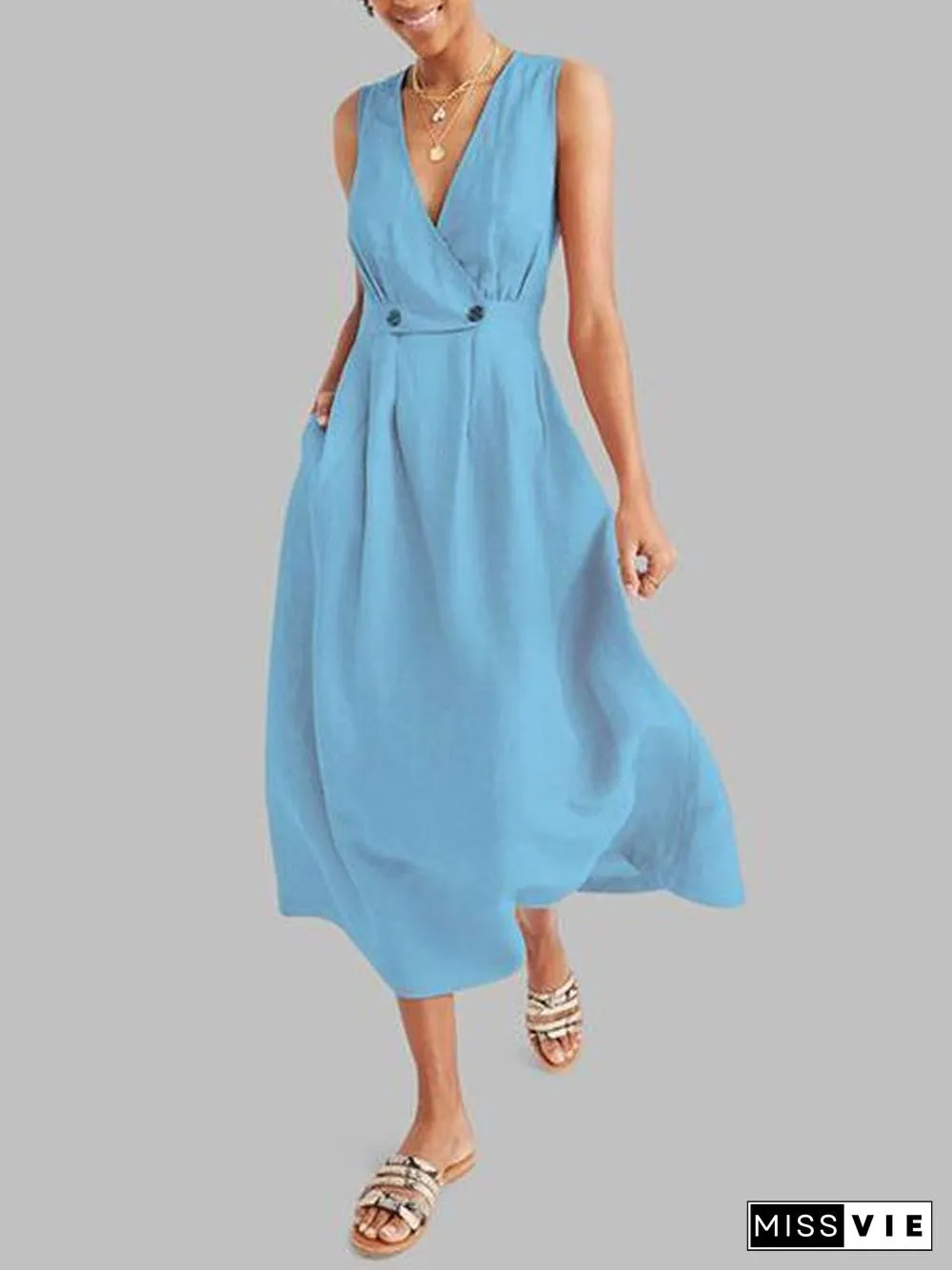 Sexy Elegant V Neck Solid Color Sleeveless Dress