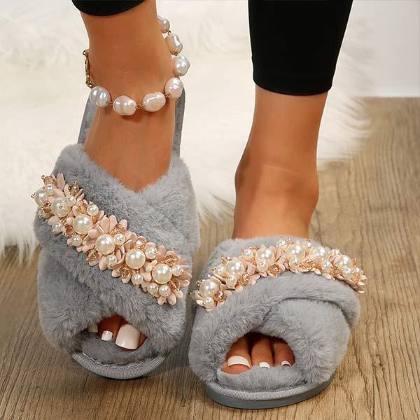 Women's Pearl Floral Furry Slippers