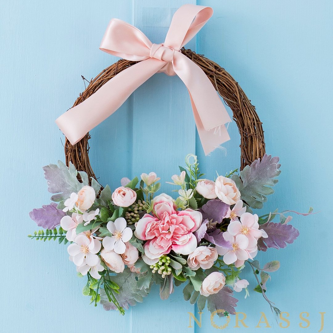 Pink Roses Outdoor Summer Wreath With Bow