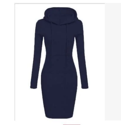 Women Pocket Knee Length Slim Casual Pullover Hoodie Dress