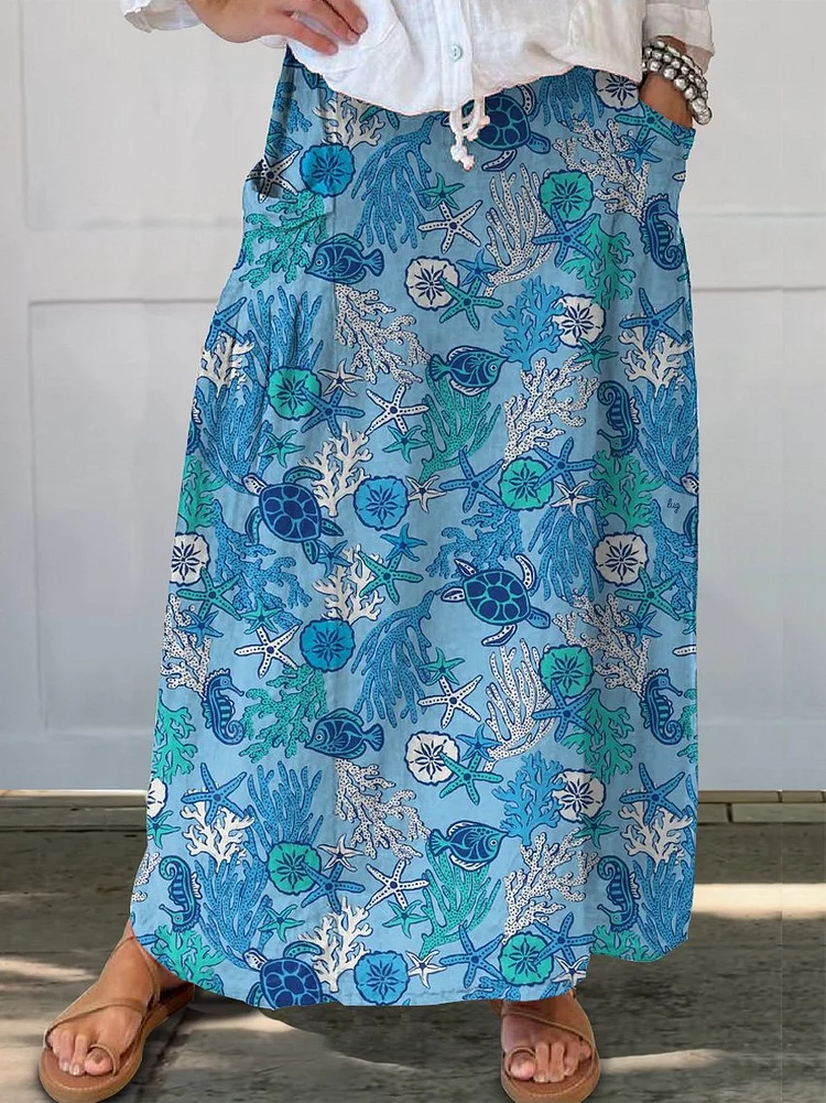 Summer Sea Creatures Repeat Pattern Printed Women's Linen Pocket Skirt