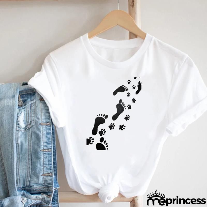 Women Loose Simple Cartoon Cat Footprint Print Round Neck Short Sleeve T-Shirt