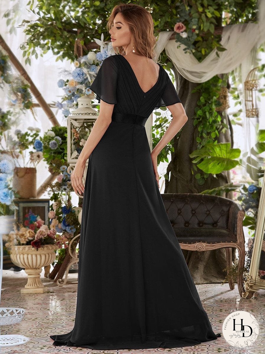 Elegant Double V-Neck Ruffled Padded Evening Gowns