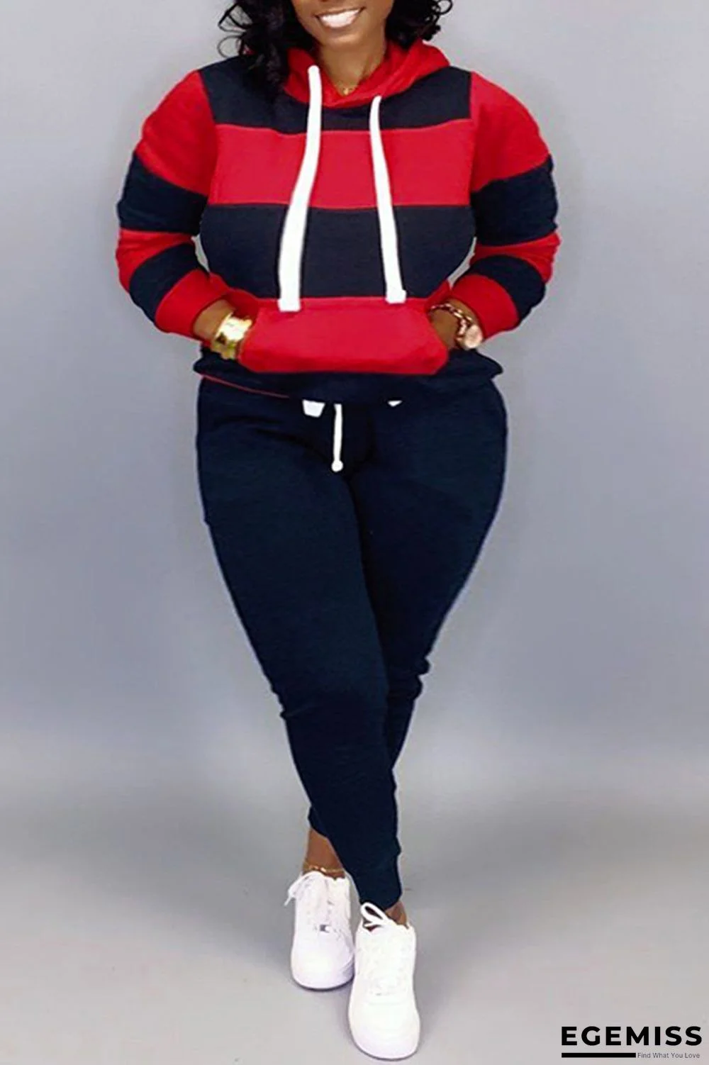 Blue Fashion Casual Striped Print Basic Hooded Collar Plus Size Set | EGEMISS