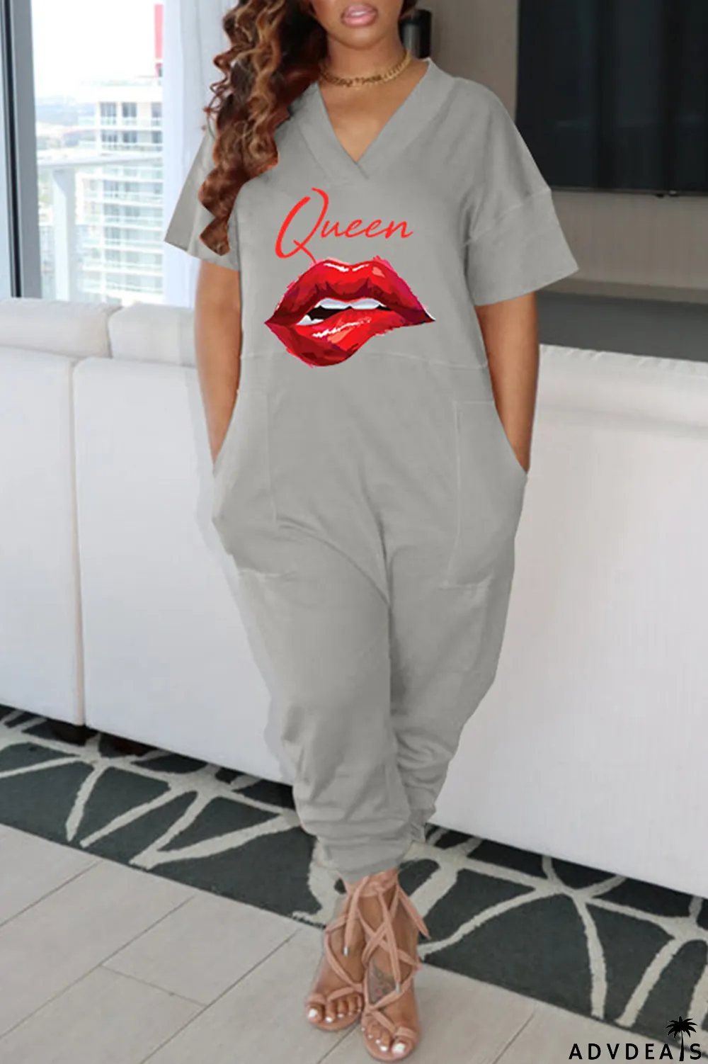 Green Fashion Casual Print Basic V Neck Regular Jumpsuits