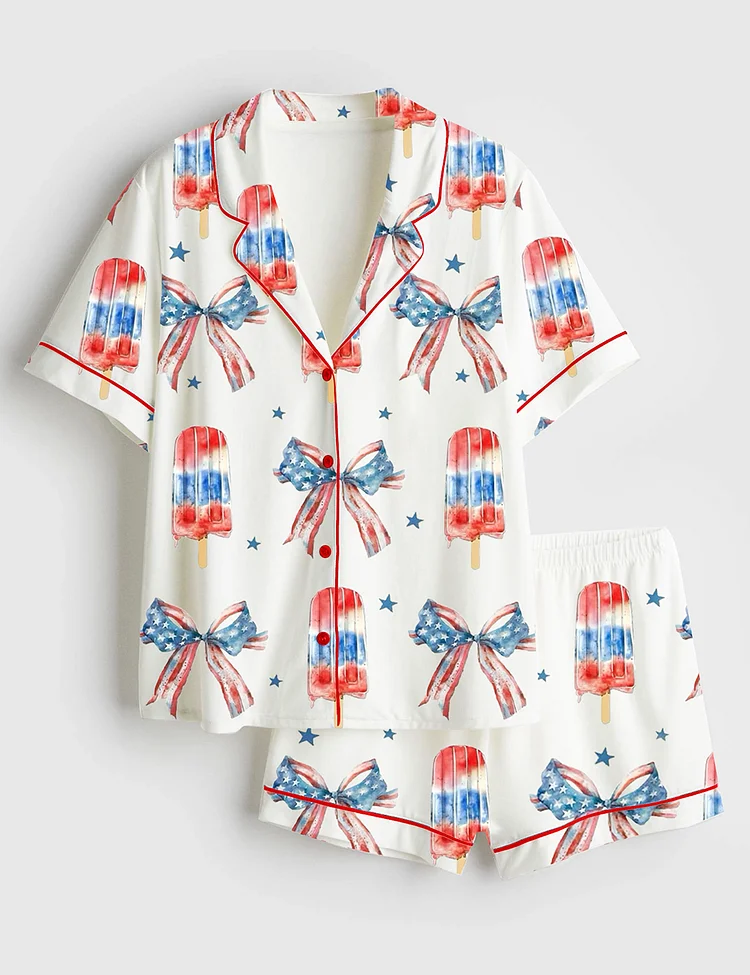 Women&rsquo;s Fourth of July Popsicle Patriotic Coquette Bow American Pride Red White Blue Short Sleeve Satin Pajama Set