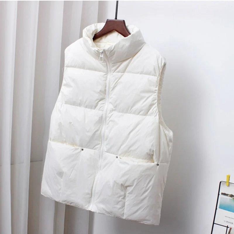 2021 New Body Warmer Women's Down Vest Jacket Loose White Duck Down Thick Waistcoat Vest Zipper Sleeveless Coat For Women