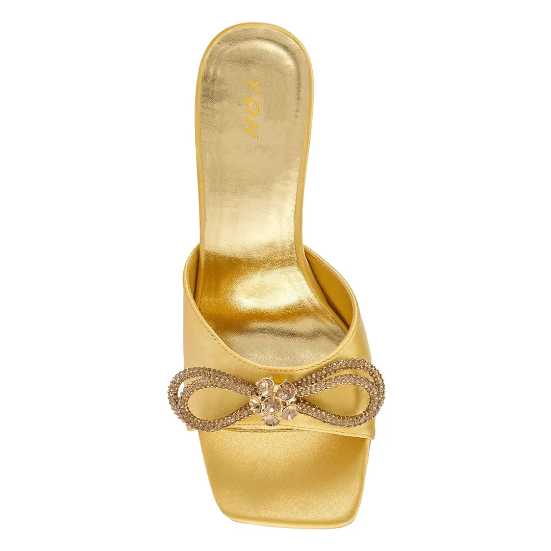 Wide Strap Square Toe Sculptural Heel Gold Sandals with Rhinestone Bow