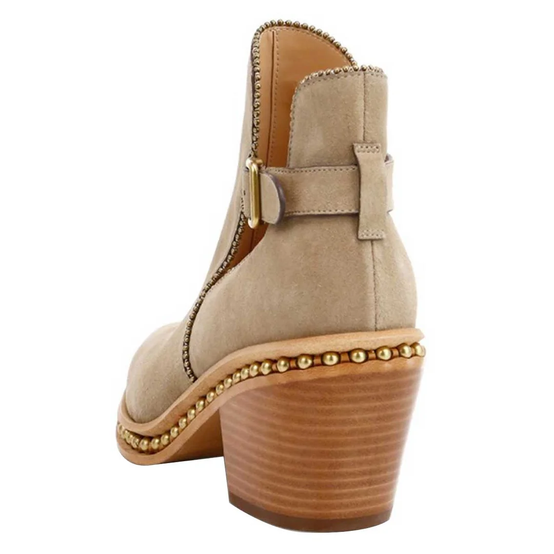 Beige Vegan Suede Studded Stacked Heel Buckle Short Boots for Women