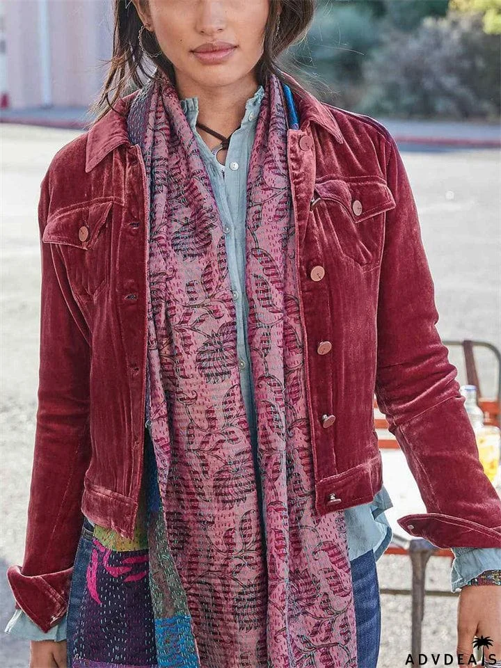 Women's Casual Gold Velvet Chest Pocket Workwear Short Jacket