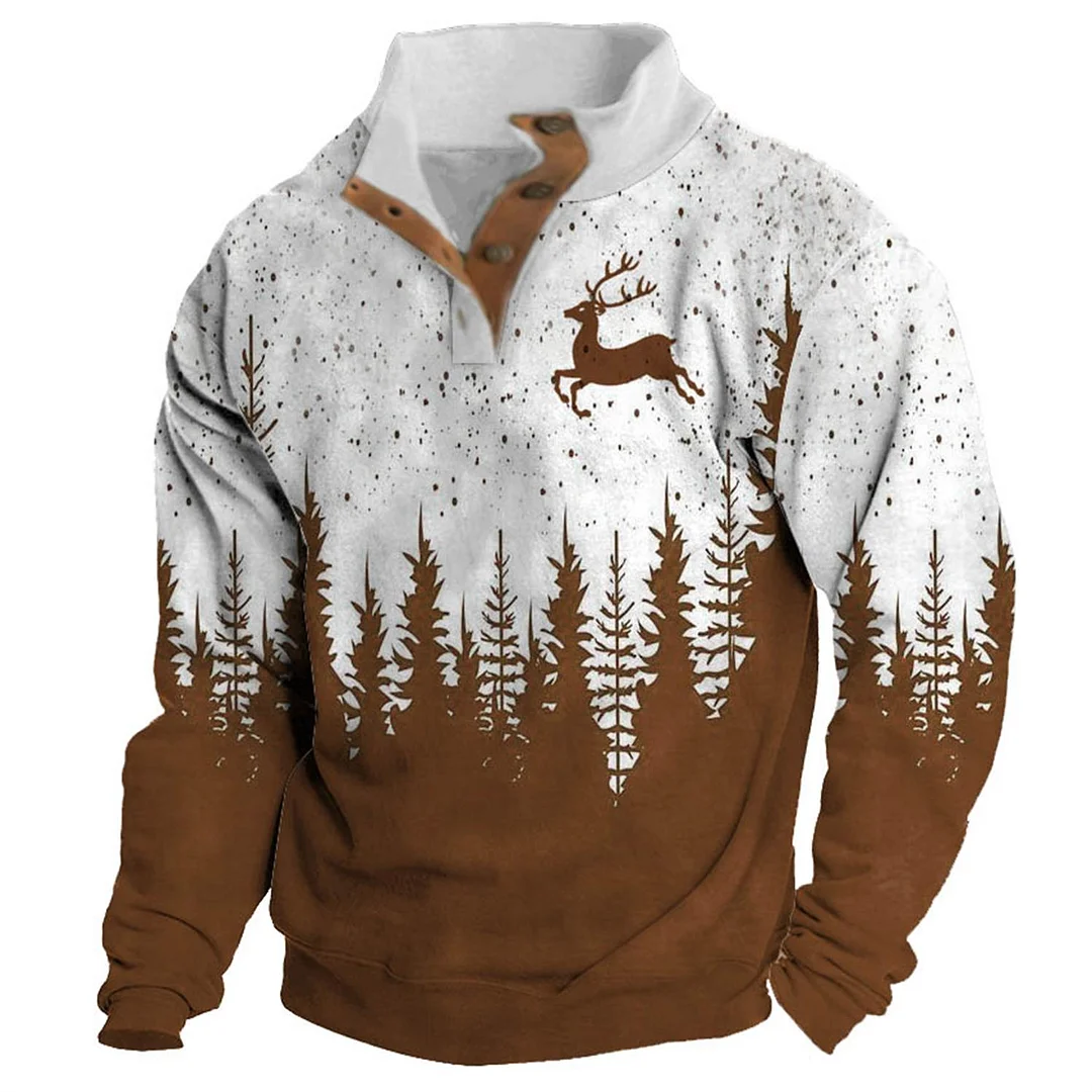 Men's Sweatshirt Christmas Tree Reindeer Stand Collar Buttons Daily Tops Red