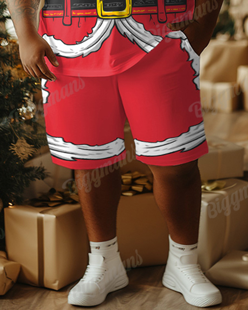 Men's Big and Tall Santa Cosplay Red Print T-Shirt Shorts Set