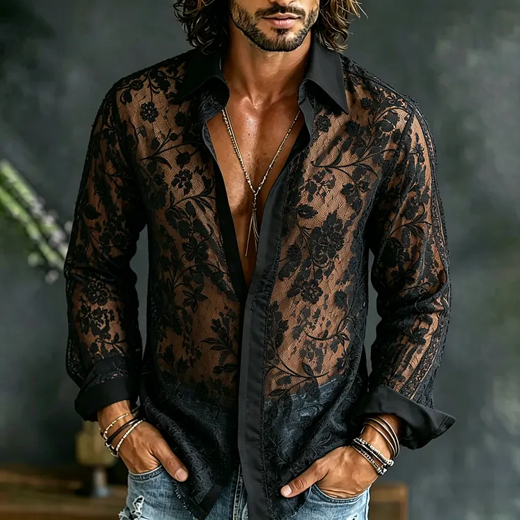 Gentleman's Vintage Floral Lace Long-sleeved Holiday Party Shirt