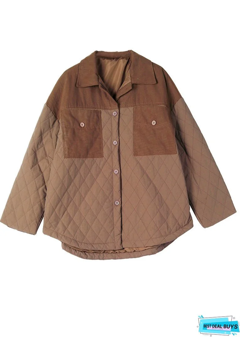 Plus Size Coffee Oversized Patchwork Fine Cotton Filled Jacket Winter