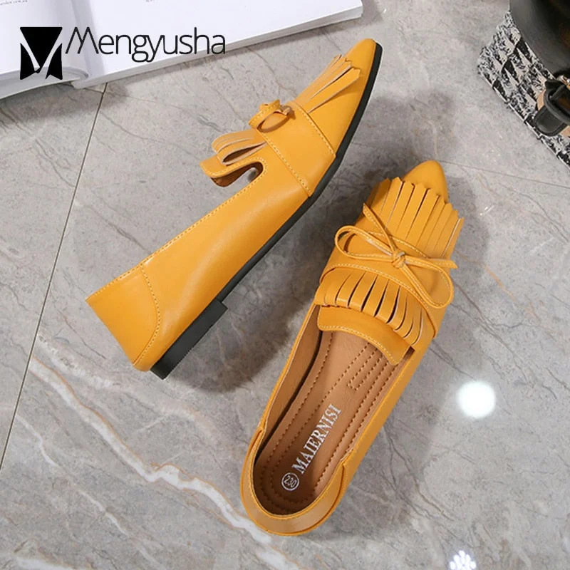 Plussize36-45 Fringe butterflyKnot pointed toe loafers women ballet flats shoes woman slip on shallow comfy tassel moccasins2020