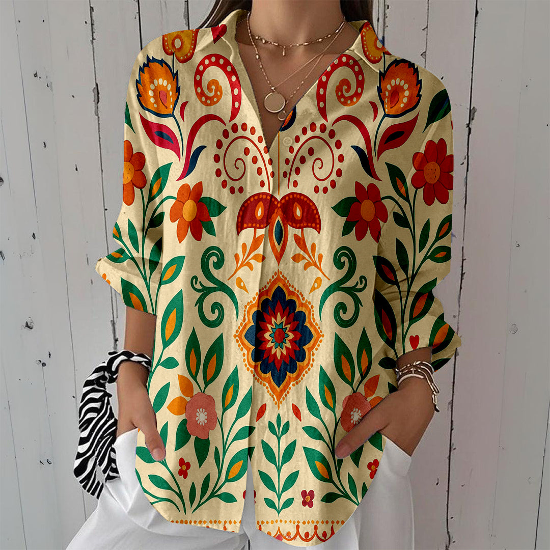 Women Long Sleeve V-neck Graphic Floral Printed Top