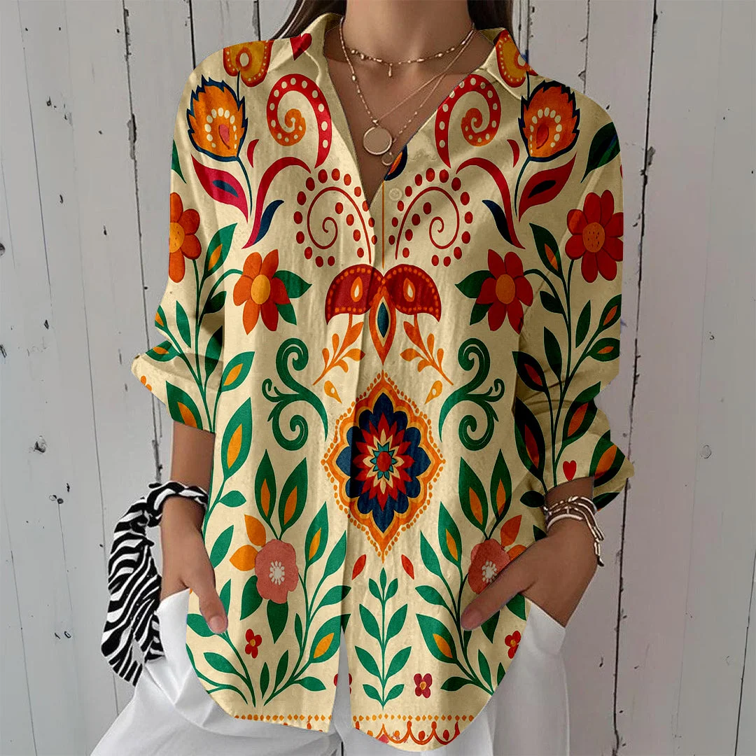 Style & Comfort for Mature Women Women Tropical, Green, Orange DZCL0096 3/4 Sleeve Shirt Collar Printed Button Tops