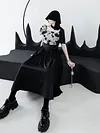Design Square Collar Flower Printed Irregular Patchwork With Choker Pleated Short Sleeve Dress