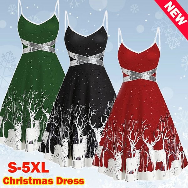 Women's Fashion Christmas Elk Print Sequin Patchwork Sleeveless Dress V Neck Santa Xmas Deer Skater Party Dresses Plus Size XS-5XL - Shop Trendy Women's Fashion | TeeYours