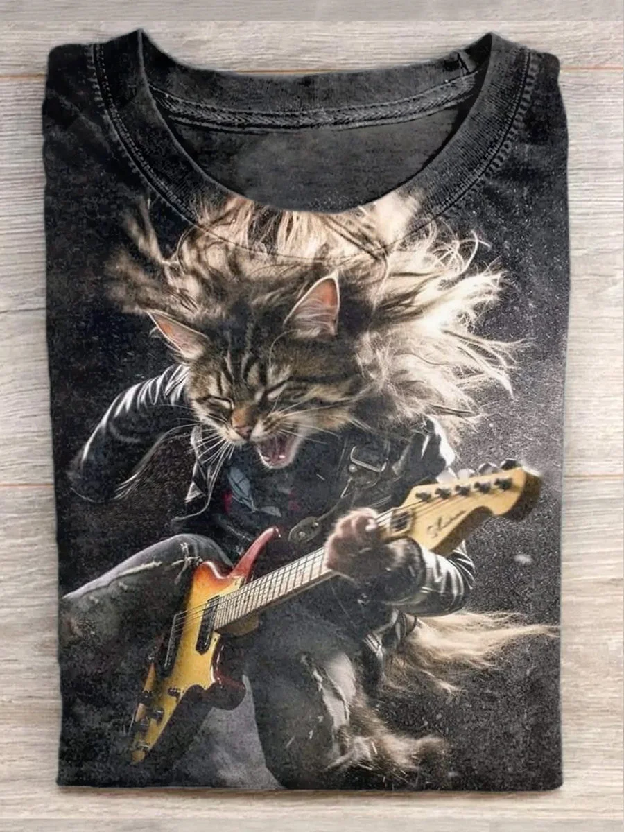 Eagerlys Unisex Funny Cat Rock Music Print Casual Short Sleeve T-Shirt Eagerlys