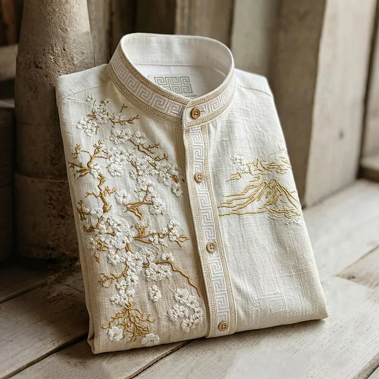 Men's Retro Japanese Cherry Blossom And Mountain Art Pattern Long-sleeve Shirt