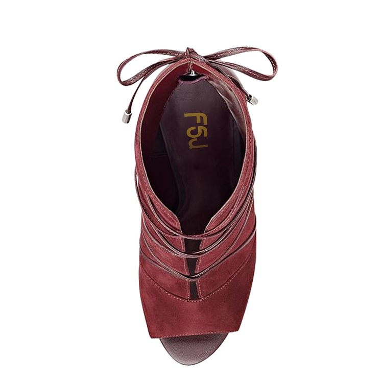 FSJ Maroon Stiletto Boots Strappy Peep Toe Suede Ankle Booties |FSJ Shoes