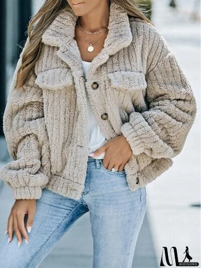 MidiSono - Fuzzy Button Up Collared Neck Jacket