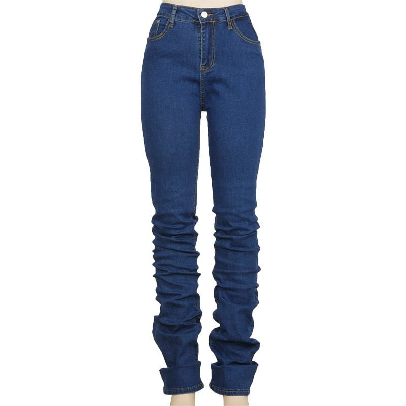 Simenual Ruched Denim Blue High Wait Stacked Pants Autumn 2021 Women Clothing Streetwear Jeans Fashion Skinny Pockets Trousers