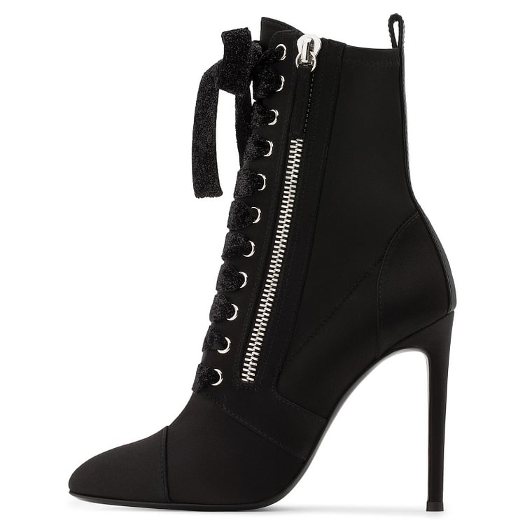 Black Fashion Boots Pointy Toe Stiletto Heels Lace Up Ankle Boots |FSJ Shoes