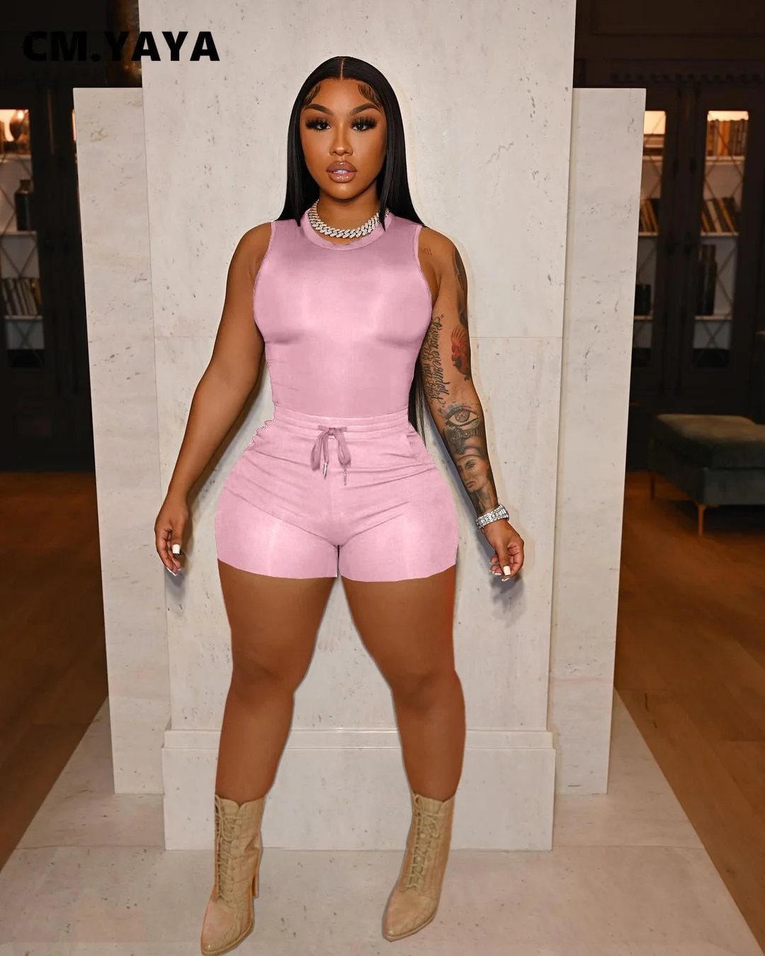 CM.YAYA Active Street Women 2pcs Set Tank Tops and Shorts Set 2022 Summer Sport Casual Sweatsuit Tracksuit Two Piece Set Outfits