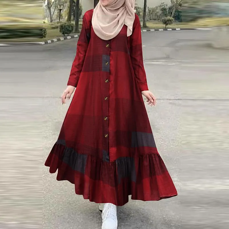 Vintage Check Muslim Dress Women's Autumn Sundress 2022 ZANZEA Casual Long Sleeve Ruffle Vestidos Female Button Printed Robe