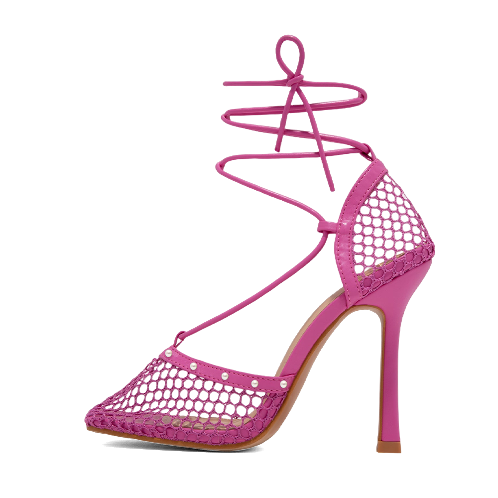 Pink Fishnet 3'' Stiletto Heel Square Toe Lace Up Sandals Nicepairs
